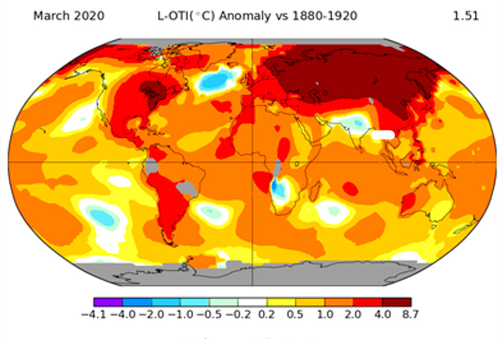 Mapa mundi mostrando aumentos da temperatura em quase todo o globo.