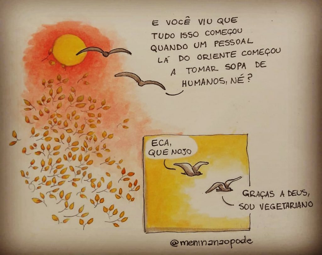 Quadrinho maior: sol amarelo com entorno laranja no canto superior esquerdo, folhas laranjas abaixo dele; à direia duas aves voam e uma fala para outra: "Você viu que tudo isso começou quando um pessoal lá do oriente começou a tomar sopa de humanos, né?". Quadrinho menor dentro do maior, no canto inferior direito: fundo amarelo, as aves de um ângulo mais lateral, a segunda ave fala: "Credo, que nojo", e a primeira, "Graças a deus sou vegetariano".