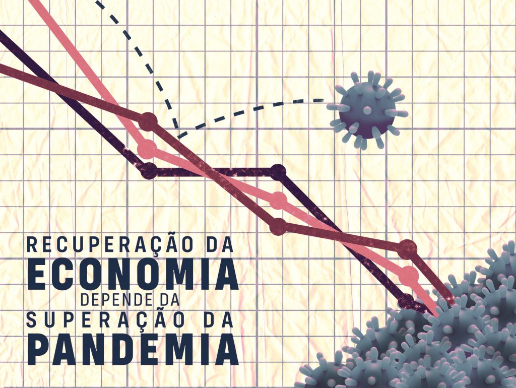 Ilustração: linhas de gráfico descendente sobre fundo quadriculado, com um coronavírus quicando sobre as linhas, que terminam numa concentração de vírus no canto inferior direito.