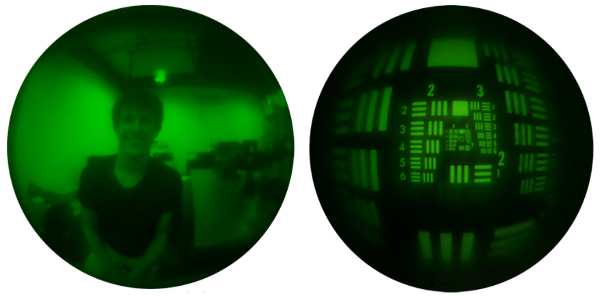 Duas imagens esféricas em preto e verde: à esquerda, cientista branco jovem posa no laboratório; à direita o que parece ser uma espécie de circuito eletrônico
