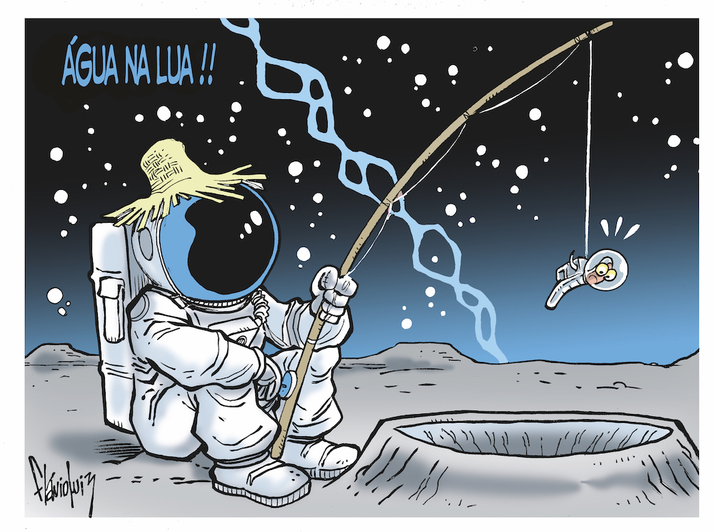 Na superfície lunar, astronauta está sentado com um chapéu de palha sobre o capacete, segurando uma vara de pescar sobre uma cratera, com uma minhoca em trajes de astronauta na ponta. No canto superior esquerdo, o texto "Água na Lua!!".