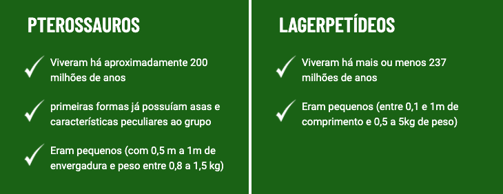 Quadro verde com duas colunas de texto branco. À esquerda: Pterossauros; viveram há aproximadamente 200 milhões de anos; primeiras formas já possuíam asas características peculiares ao grupo; eram pequenos (com 0,5m a 1m de envergadura e peso entre 0,8 e 1,5 kg). À direita: lagerpetídeos; viveram há mais ou menos 237 milhões de anos; eram pequenos (entre 0,1 e 1m de comprimento e 0,5 a 5 kg de peso)