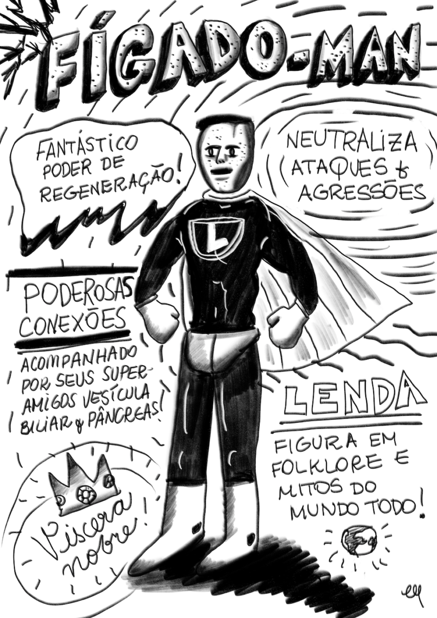 Cartum, PB. No topo o título, FÍGADO-MAN, com letras tridimendionais. Um super-herói de uniforme escuro estilo Super-Homem, capa, tanga por cima da calça, botas e luvas de boxe claras, brasão com L no meio do peito. Ao seu redor frases soltas e em balões: “fantástico poder de regeneração”, “neutraliza ataques & agressões”, “poderosas conexões — acompanhado por seus super-amigos vesícula biliar & pâncreas”, “lenda — figura em folklore emitos do mundo todo” (essa tem umpequeno globo desenhado junto), “víscera nobre” (essa tem uma coroa de rei acima).