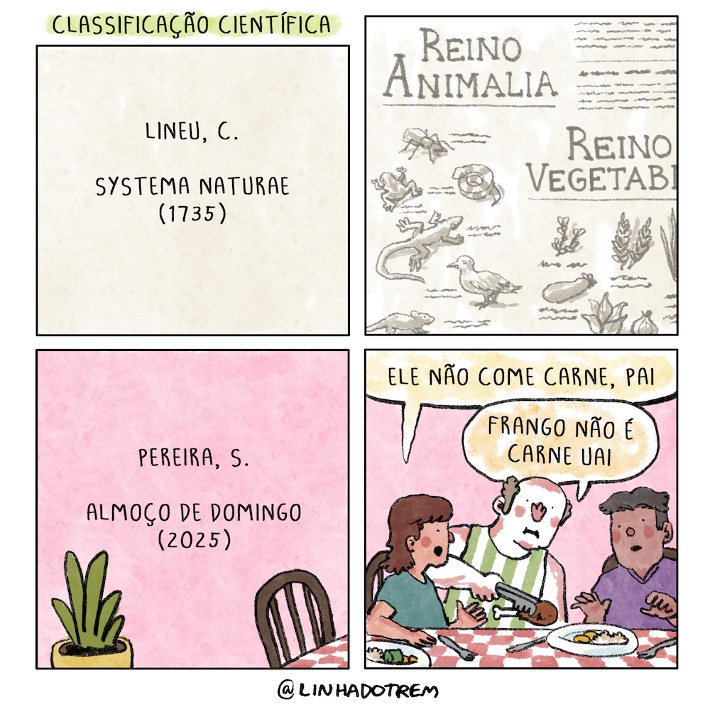 Tirinha em 4 requadros, 2x2, no topo à esquerda, o título: “Classificação científica”. 1) Inscrição preta sobre fundo bege/cinza: “Lineu, C. Systema Naturae (1735)”. 2) Textos parcialmente ilegíveis e ilustrações no que parece uma parte de uma página de um livro antigo, lê-se “Reino Animalia”, “Reino Vegetab”. 3) Inscrição preta sobre fundo rosa: “Pereira, S. Almoço de Domingo (2025)”, na parte de baixo do quadro, um pedaço de vaso de planta e uma cadeira junto à uma mesa com toalha xadrez vermelha e branca. 4) Jovem casal heterossexual sentado à mesa em frente aos pratos, entre eles um tiozinho calvo de regata listrada verde e branca serve uma coxa de frango ao rapaz, a mulher diz “Ele não come carne, pai”, e o tiozinho responde: “Frango não é carne, uai”.