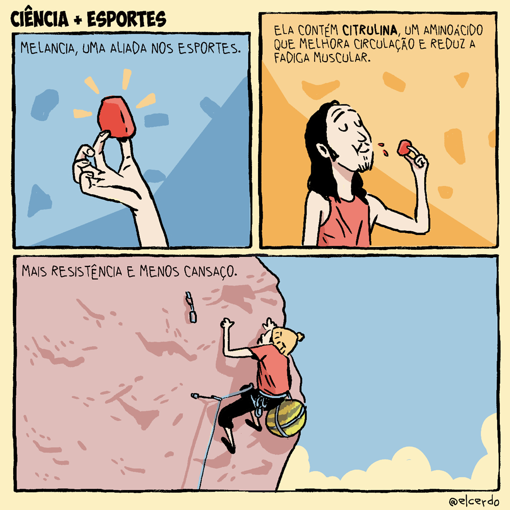 Tirinha em 3 requadros, 2 em cima, 1 embaixo. Acima do primeiro requadro, o título: Ciência + esportes. 1) No topo, o texto: “Melancia, uma aliada nos esportes”. Uma mão direita branca segura entre o polegar e o indicador um pedaço de algo vermelho, apontado para cima. O fundo é azul claro, com uma forma diagonal azul mais escura cortando o lado direito e algumas manchas nessa mesma cor espalhadas. 2) No topo, o texto: “Ela contém citrulina, um aminoácido que melhora circulação e reduz a fadiga muscular”. Um homem come o pedaço de melancia com expressão de prazer. Ele tem a pele branca, cabelos pretos lisos compridos até o ombro, costeleta e um pequno cavanhaque, está de olho fechado e veste uma camiseta regata vermelha. O fundo é amarelo com uma forma diagonal no canto esquerdo mais escura; junto com o requadro anterior, faz uma forma de montanha. 3) No topo, o texto: “Mais resisência e menos cansaço”. Um homem branco de camiseta vermelha, gorro amarelo e calça e caçado pretos está escalando uma parede de montanha, ele está preso à rocha por um cabo e carrega, em sua cintura, uma melancia inteira.