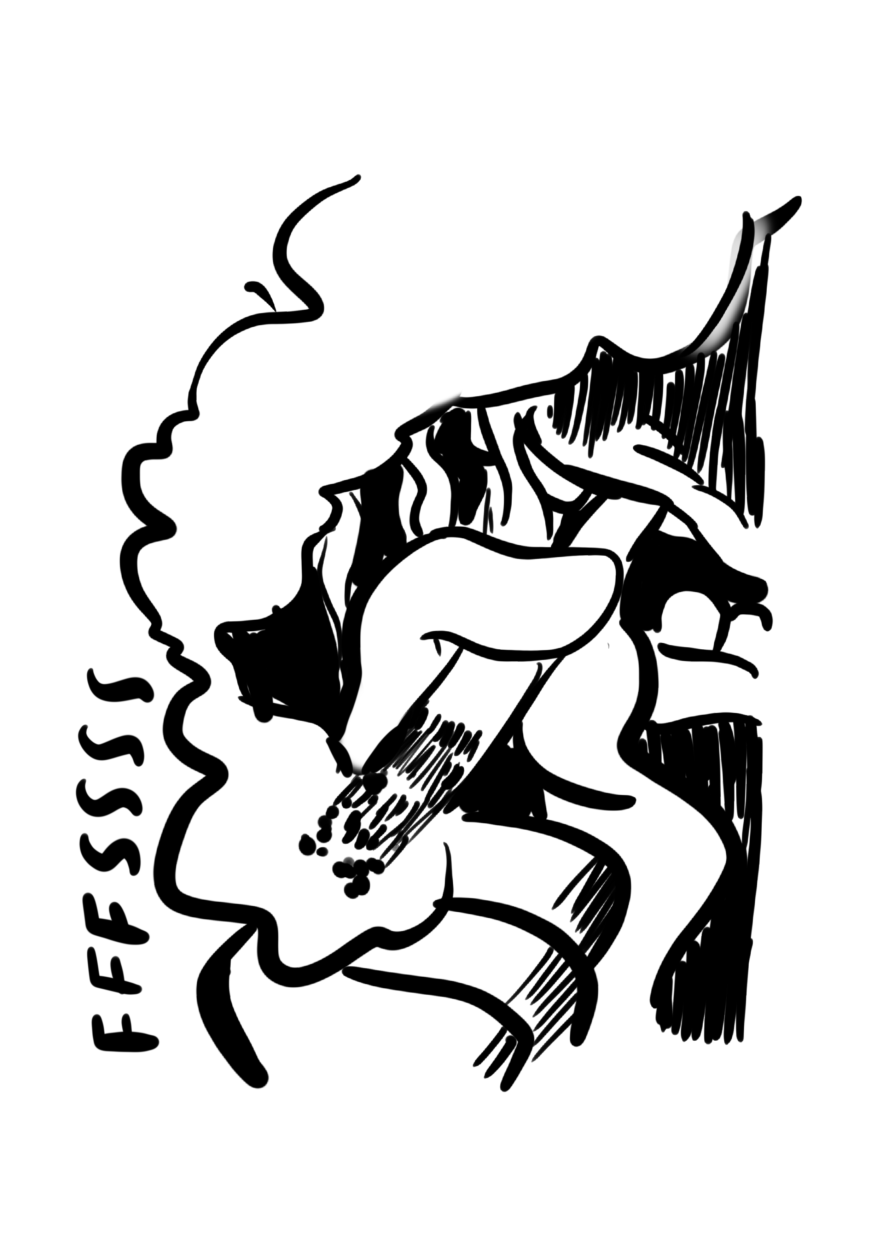 O requadro ocupa toda a página. Com um traço irregular, em um plano muito aproximado, uma mão direita segura um cigarro no canto direito de uma boca entreaberta. O rosto em torno da boca é rabiscado verticalmente, sem ficar claro se tratar de barba ou apenas sombra. Do cigarro sai fumaça e, ao lado, um texto vertical ascendente“fffssss” indica o ruído de sua queima.
