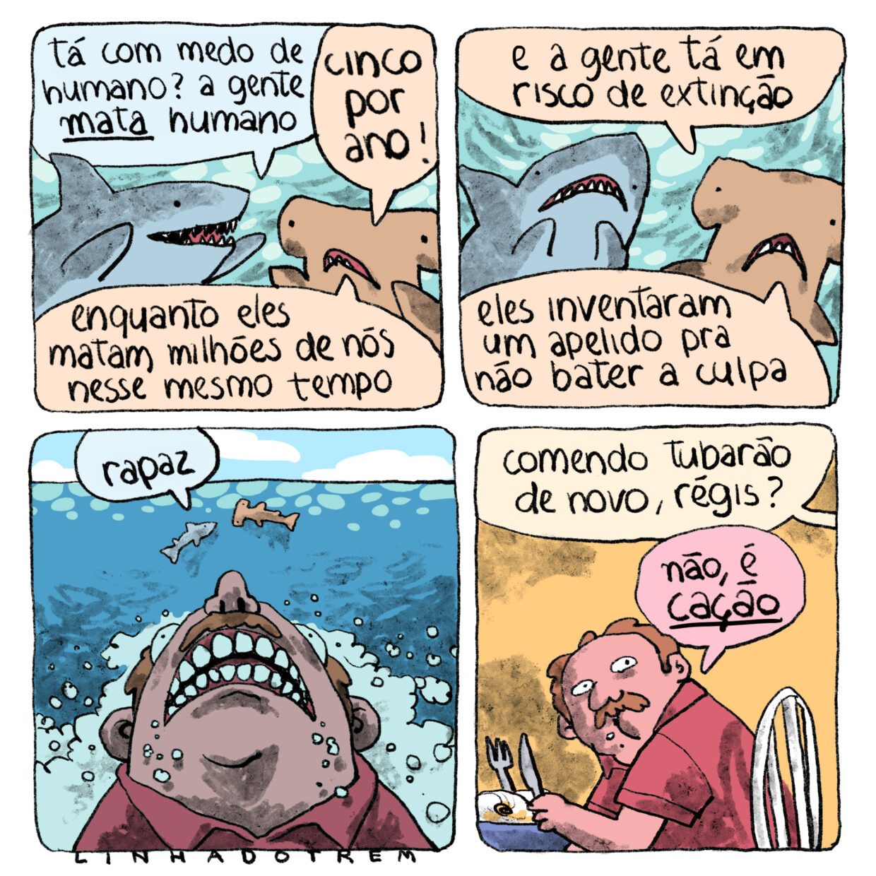 Tirinha em 4 requadros, 2x2. 1) Embaixo d’água, um tubarão cinza e um tubarão-martelo marrom claro conversam. O tubarão cinza, sorridente, pergunta: “Tá com medo de humano? A gente mata humano”, a palavra “mata” está sublinhada. O tubarão-martelo, com expressão séria, responde: “Cinco por ano! Enquanto eles matam milhões de nós nesse mesmo tempo”. 2) O tubarão cinza agora tem a expressão preocupada, com as barbatanas peitorais junto ao rosto, como o ser humano faz com as mãos quando leva um susto. O tubarão-martelo prossegue: “E a gente tá em risco de extinção, eles inventaram um apelido pra não bater culpa”. 3) Os dois tubarões agora estão em escala bem pequena junto à superfície, acima da qual se vê o céu, bem no topo do quadro. O tubarão cinza comenta: “rapaz”. Da parte de baixo do quadro, ocupando mais de metade de sua altura, há agora em primeiro plano a figura de um homem, enquadrado acima dos ombros. Ele está olhando para cima, com a boca aberta e os dentes bem à mostra. Ele tem bigode e cabelos castanho-claros e veste uma camisa ou polo vermelha. À sua volta, a água está se movimentando e fazendo bolhas, indicando movimento. O ângulo e o formato triangular que a figura assume, com o nariz no topo, se assemelha muito à imagem clássica de um tubarão visto por baixo ao nadar, e o conjunto da imagem sugere o predador avançando em direção às presas. 4) O homem, visto de perfil, está sentado à mesa, com garfo e faca na mão. De fora do quadro, vem a pergunta: “Comendo tubarão de novo, Régis?”. O homem, girando a cabeça pra trás, responde de boca cheia: “Não, é cação” (a palavra cação está sublinhada).