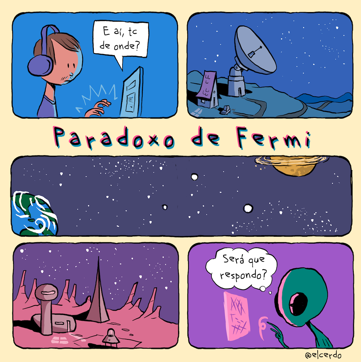 Tirinha em 5 requadros, sendo 2 lado a lado na parte superior, um bem largo no meio e outros dois embaixo. 1) Sobre um fundo azul, enquadrado de seu lado direito, dos ombros para cima, do lado esquerdo do quadro, um rapaz de pele clara, cabeça redonda, olhos parecendo pontos, nariz pequeno, bigode ralo e cabelo liso castanho repartido na lateral, vestindo uma camiseta roxa e usando um headphone da mesma cor, olha para um monitor de computador e movimenta as mãos digitando algo. A tela do monitor é azul clara, com uma janela de sistema operacional aberta e rabiscos nela indicando um texto. O rosto do rapaz reflete parte da luz azul da tela. Um balão de diálogo quadrado sai do monitor, indicando um texto de chat: “E aí, tc de onde?” 2) Em uma paisagem desértica e montanhosa noturna, no canto esquerdo há uma casinha com luz acesa sendo projetada no chão pela única janela lateral, um carrro estacionado em frente e uma enorme antena parabólica ao lado, apontada para a direita do quadro, uma estrada se projeta cruzando o vale rumo ao fundo do quadro e o céu é muito estrelado. 3) Acima do quadro, o título: “Paradoxo de Fermi”. No limite esquerdo do quadro, um pedaço do planeta Terra encoberto por algumas nuvens; quase no limite direito, a parte de baixo de um planeta amarelo com anéis em volta (a parte de cima não está enquadrada); entre os dois, o espaço sideral, roxo, com algumas manchinhas e bolinhas brancas. 4) Em uma paisagem desértica de solo rosa, com elevações estreitas e altas, do lado esquerdo estão duas edificações com traços futuristas antigos: uma torre com uma semi-esfera no topo, parecendo um cogumelo de cabo comprido, e uma casa semicilíndrica, com uma janela muito mais larga do que alta e uma porta vazada, ambas têm luz acesa no interior, a da casa se projeta no chão pela janela e pela porta. Em frente à casa, um disco voador estacionado e, ao lado, uma provável antena em forma de pirâmide, com ângulo agudo e lados levemente côncavos, mais alta do que a torre. No fundo, o céu roxo estrelado um pouco mais claro. 5) Sobre um fundo roxo vibrante, enquadrado do lado esquerdo dos ombros para cima, do lado direito do quadro, um alienígena verde com cabeça grande, olhos pretos enormes ovais e verticais e corpo fino olha para uma tela virtual rosa com rabiscos roxos suspensa no ar e movimenta a mão direita de dedos finos. A luz rosa do painel reflete em seu rosto. Um balão de pensamento sai de ua cabeça: “Será que respondo?”.